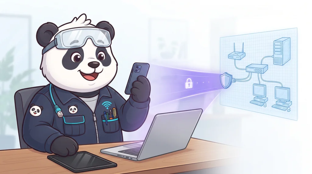 Der PortPanda-Panda mit seinem eigenen Handy, Laptop und Tablet; ein violetter, verschlüsselter Tunnel verbindet sein Gerät mit einem simulierten Netz aus Router, Switch, Server und PCs